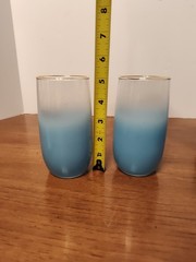 Vintage BLENDO Lot of 2 5″ Blue Frosted Tumbler Glasses MCM