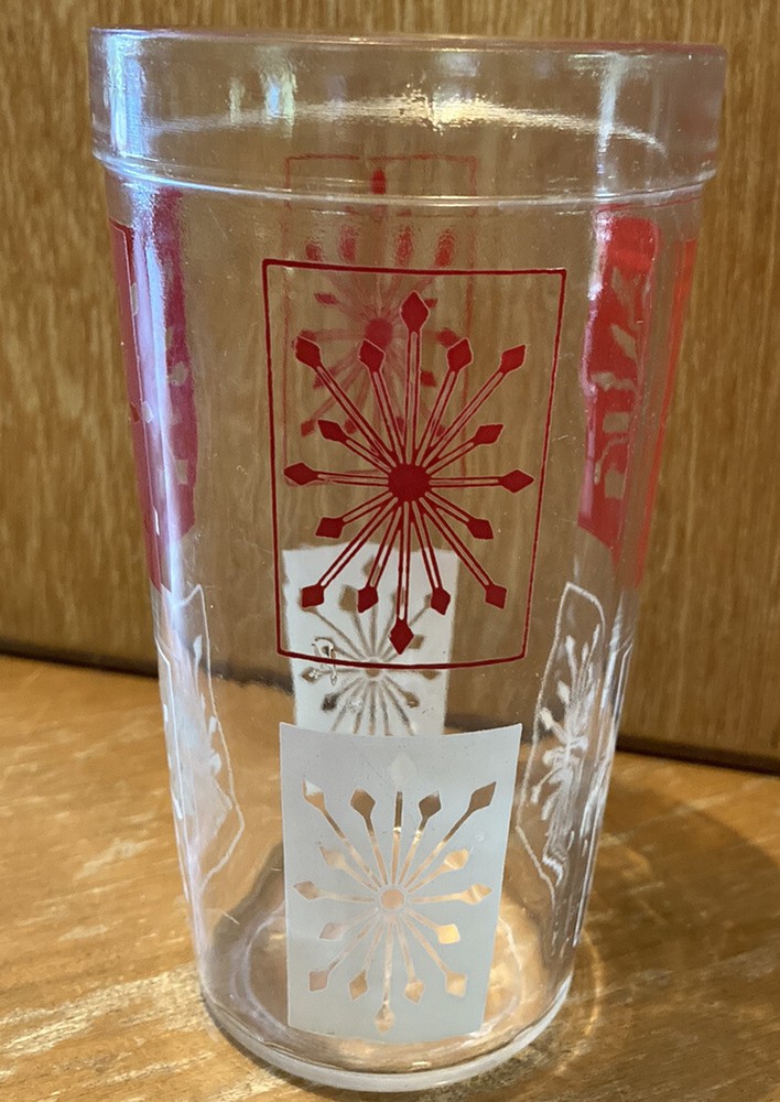 Vintage MCM Red & White Geometric Starburst Atomic Jar Glass EUC EVC