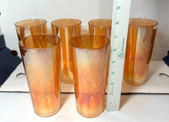 6 Vintage Amber Iridescent Ribbed Lusterware Jeanette Tumbler Drinking Glasses