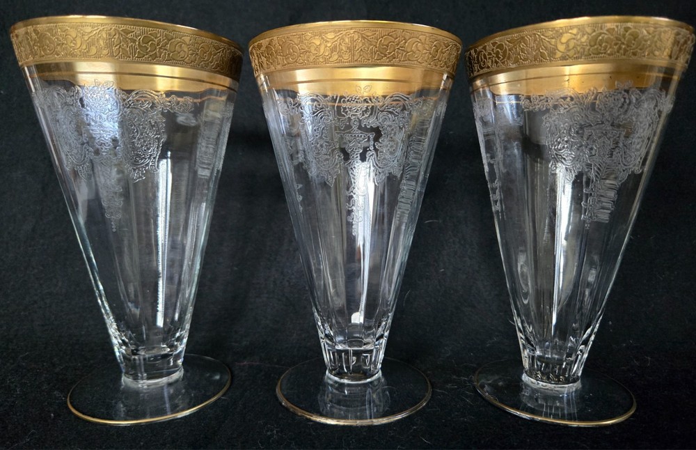 3 Tiffin Rambler Rose Gold Encrusted Clear Optic Needle Etched Iced Tea Glasses