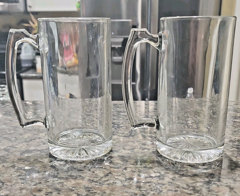 Pair of Vintage Libbey Heavy Thick Clear Glasses Beer Tankards Mugs 24 oz