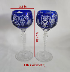 Vintage Pair Cobalt Blue Cut to Clear Crystal Wine Goblets Faceted Stem 8.25”
