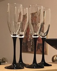 Set 4 Vintage Luminarc France Domino Jet Black Stem Champagne Flute Wine Glasses