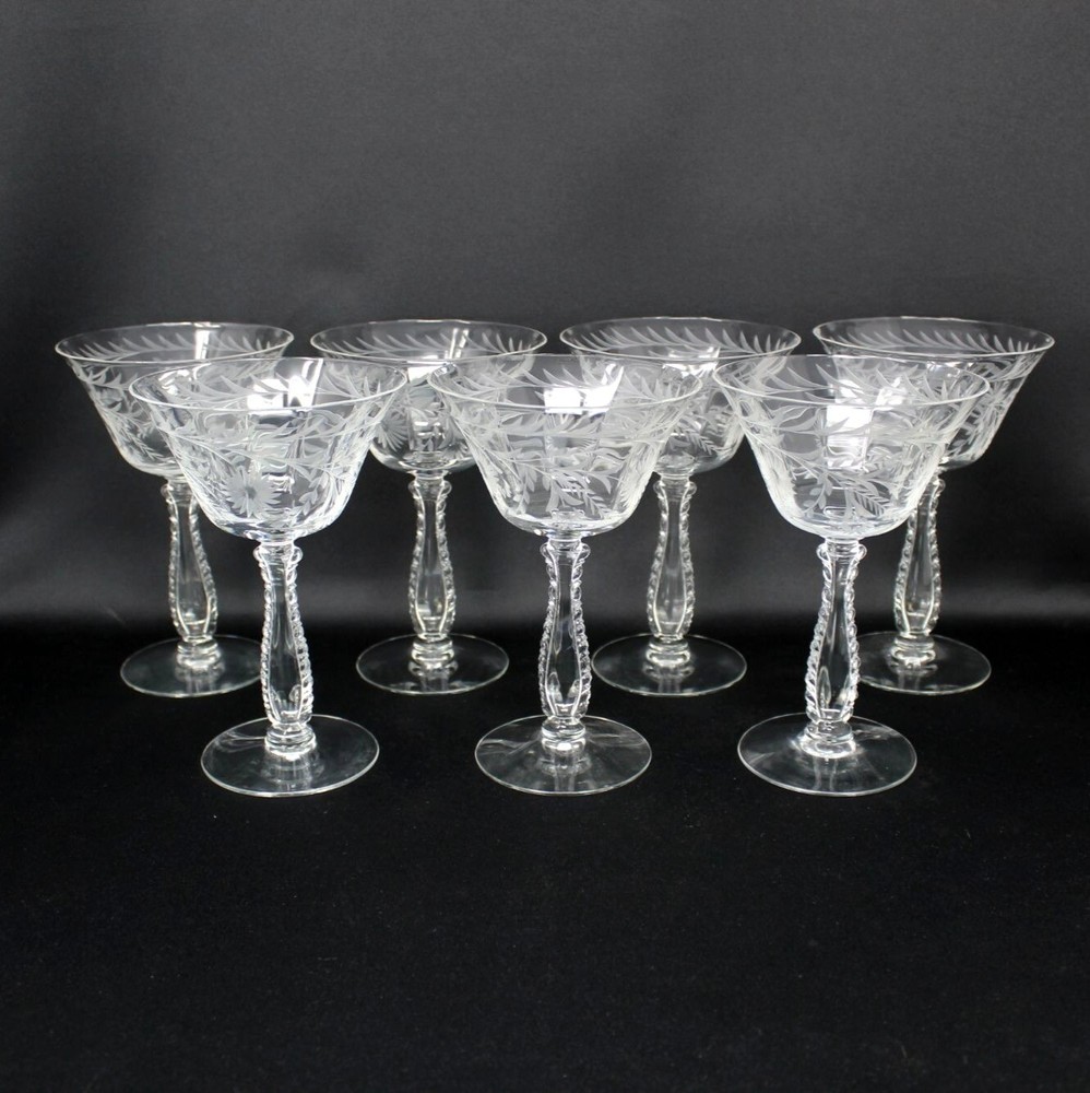 7 FOSTORIA SILVER FLUTES 5OZ STEM 6037 CHAMPAGNE WITH CUT FLOWER AND LAURELS 6″