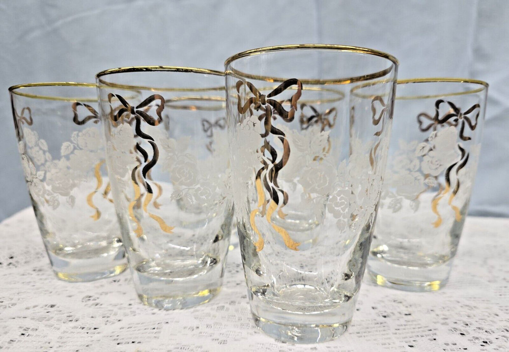 6 Vintage Libbey Rose Classic White Roses & Gold Ribbon Design 8 OZ 4-5/8in
