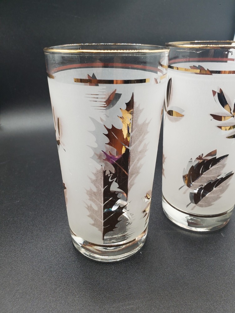 Vintage Libbey Frosted Tom Collins Gold Leaf Glasses ~ Set of 2 ~ 5.50″ Barware