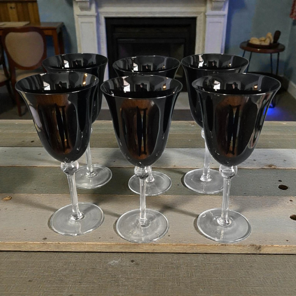 Vintage Set of Six Black Dark Amethyst Clear Stem Goblets Glasses