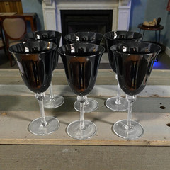 Vintage Set of Six Black Dark Amethyst Clear Stem Goblets Glasses