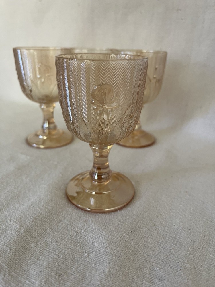Iris & Herringbone Wine Glasses 4 Iridescent Marigold Jeanette Glass Co 4″ Tall