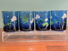 4 FENTON Cobalt Blue Hand Painted Tumbler Glasses SIGNED by 2 renowned artists