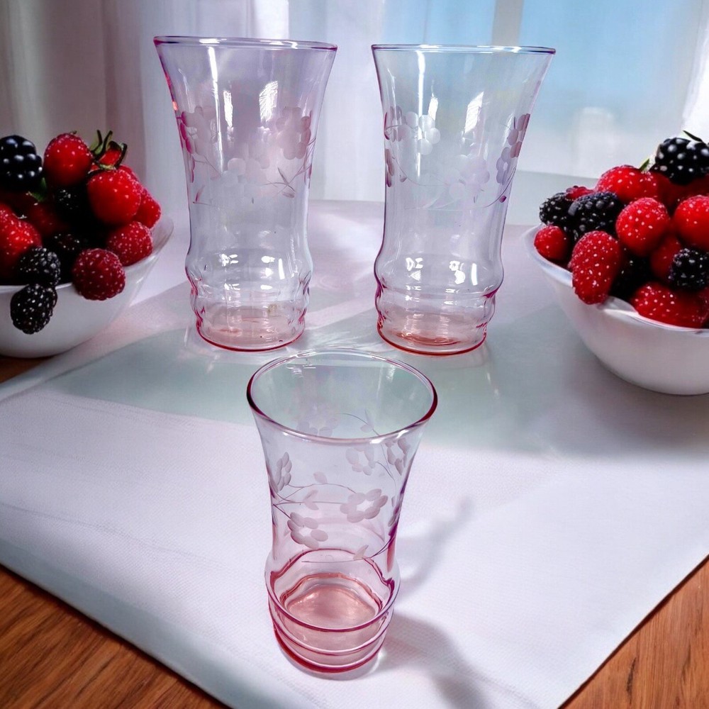 Dunbar Glass Set Of 3 Pink Juice Tumbler w/ Etched Floral Flower Motif Theme