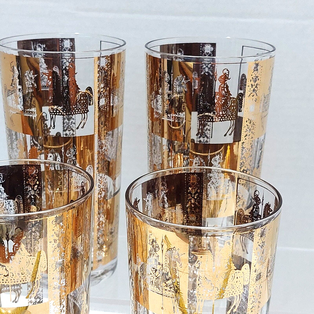 Culver 22K Gold High Ball Barware Glasses (Set 4) Knights Horse Signed MCM Vtg