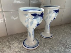 Cobalt Blue And White Porcelain Goblet/Wine/Saki Cups With Floral Design