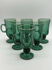 Vintage Libbey Glass Irish Coffee Mug Emerald Footed Set of Six 22k Gold Rim 6”