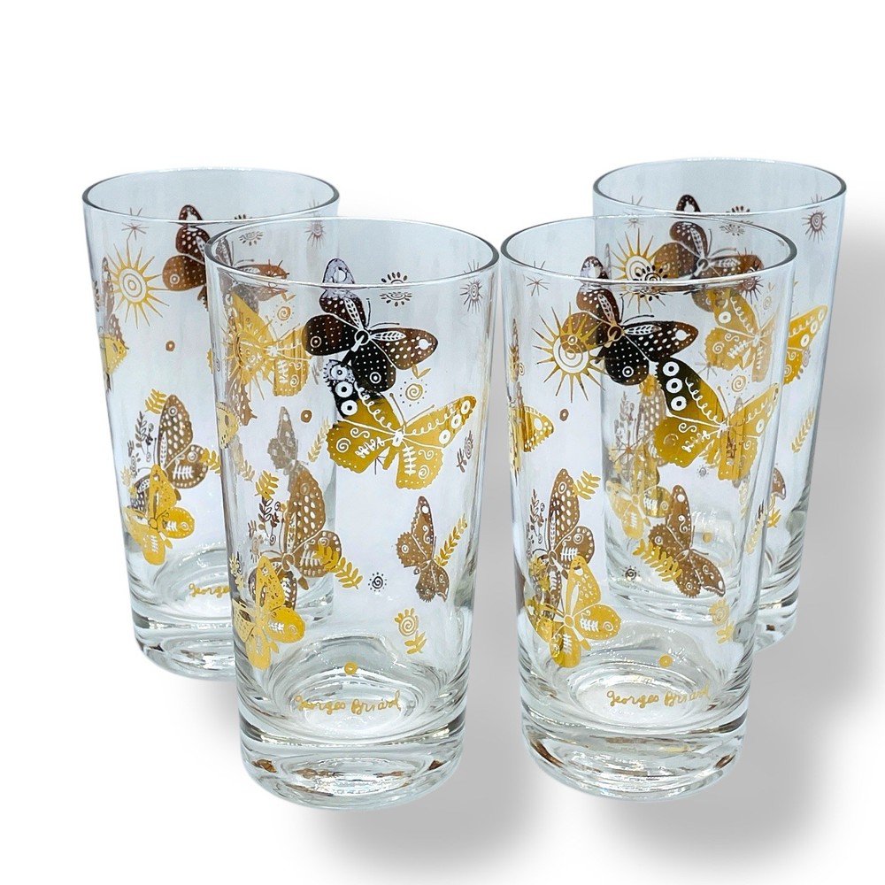Vtg. Set of 4 Georges Briard Gold Print Butterfly & Starburst Glasses MCM 5.5”