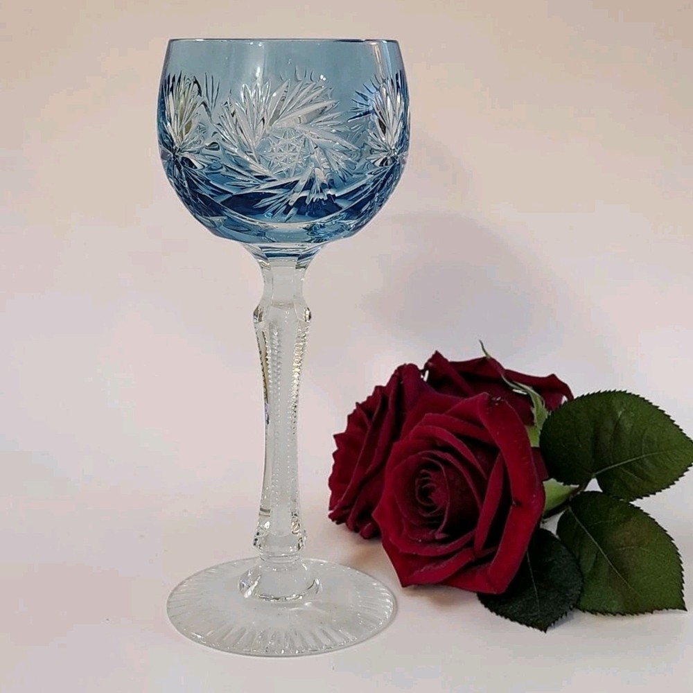 Vtg Rare Cut To Clear Turquoise Wine Glass Hobstar Pattern Kusak Glass Works EC