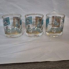 3 Mid Century Gold Teal Riverboat Southern Comfort Old Fashioned Lowball Glasses
