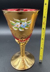Vtg Pair Of Italian Moran’s 24kt Gold Trim And Red, Painted Wine Glasses