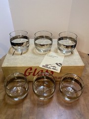 NOS Vtg Set of 6 Roly Poly Glasses 3″ Platinum Band MCM Custom By Color Craft