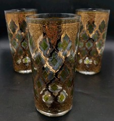 3 Vintage Culver Glass Valencia High Ball Glass 22k Gold Green MCM Barware EVC