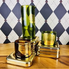 Signed Olive Green Glass Pitcher & 2 Lowball Glasses Gold Leaf MCM Barware Set