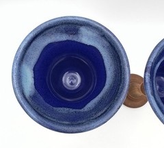 Set of 2 Bell-shaped Blue Drip Glaze Ceramic Drinking Goblets Turned Wood Stems