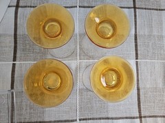 4 Vintage Clear Optic Panel Textured Glasses Amber Footed 4.75″ Retro HTF