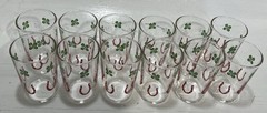 Vintage Lucky Horseshoe Shamrock Glasses Set of 12 Mid Century Barware Irish