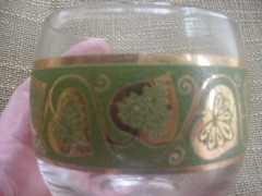 (2) Mid Century Culver gold &green trim roly poly lowball / rocks glasses CUV66
