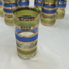 Vintage 7 Culver Rondo Blue Green 22K Gold Banded Barware Highball Glasses Retro