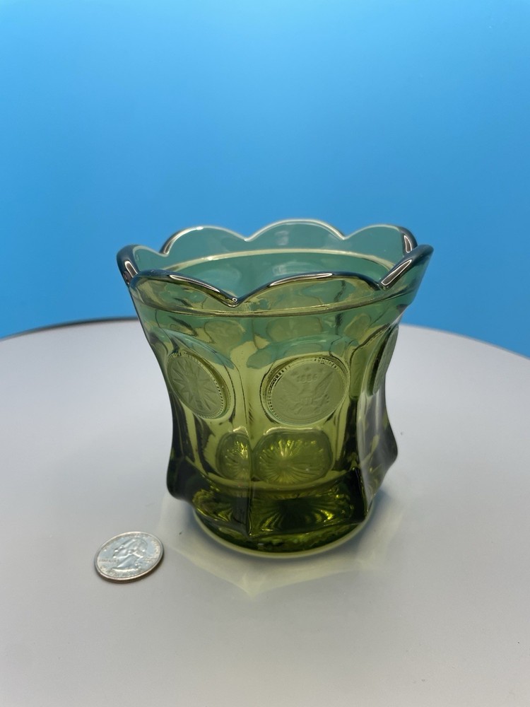Vintage Fostoria Olive Green Coin Glass Candy Dish w/ Scalloped Rim