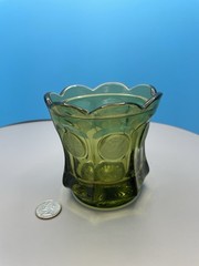 Vintage Fostoria Olive Green Coin Glass Candy Dish w/ Scalloped Rim