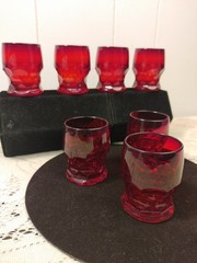 Ruby Red Glass Georgian Whiskey Glasses Shot Glasses 2 5/8″ Tall Set of 7