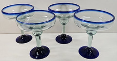 (4) Pier 1 Cobalt Rim Margarita Glasses Set Hand Blown Drinking Stemware Bar Lot