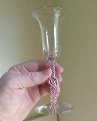 1770s COLONIAL ERA PONTILED FREE BLOWN WINE GLASS RED & WHITE AIR TWIST STEM