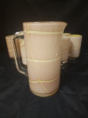 Vintage MCM Hand Blown Set Of 8 Glasses And Pitcher. Tan/Peach