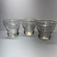 Vintage Set Of 3 Wheat Etched Low Ball Glasses 3” High MCM Heavy Round Bottom