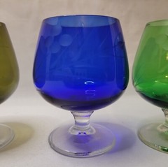 Set of 5 Cordial Shot Glasses Etched Glass Cherry Blossoms Mid Century Barware