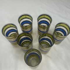 Vintage 7 Culver Rondo Blue Green 22K Gold Banded Barware Highball Glasses Retro