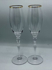 2 ROYAL DOULTON crystal OXFORD GOLD pattern Champagne Flutes 9-3/8″