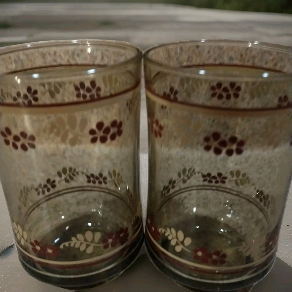 Libby Smokey Juice Glass Tumblers Painted red Flowers & Leaves Vtg Set Of 2
