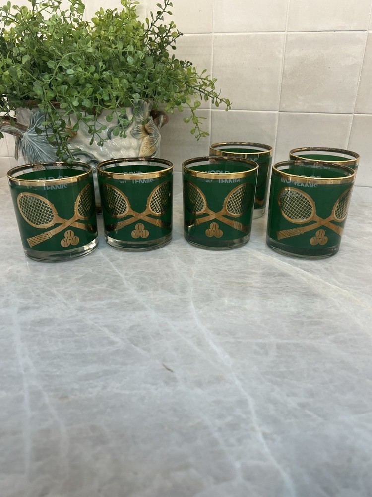 MCM World of Tennis Resort Glasses Set of 6 Green & Gold Barware