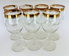 Set of 7 VTG Libbey Safedge Wine Glasses Gold Rim Double Banded Stemmed Barware