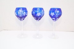 SET 3 BOHEMIAN CZECH CUT TO CLEAR CRYSTAL Hock Wine GLASSES Goblets COBALT BLUE