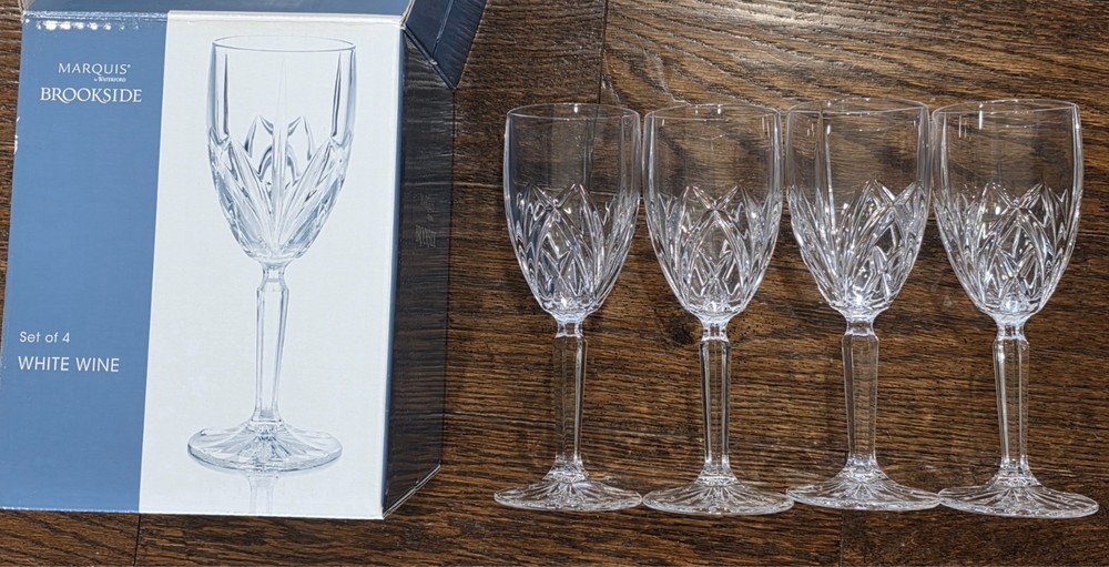 WATERFORD (Marquis)~ Set (4) Crystal WHITE WINE GLASSES w/Box (Brookside, 7 oz)