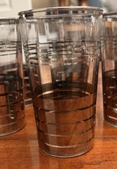 7 Vintage Mid-Century Modern Glass Silver Striped High Ball Tumblers 5 .5 X 2.5”