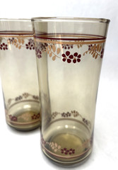Vintage Libbey Retro Floral Glasses – Red Orange Flowers with Stripes – Set of 2