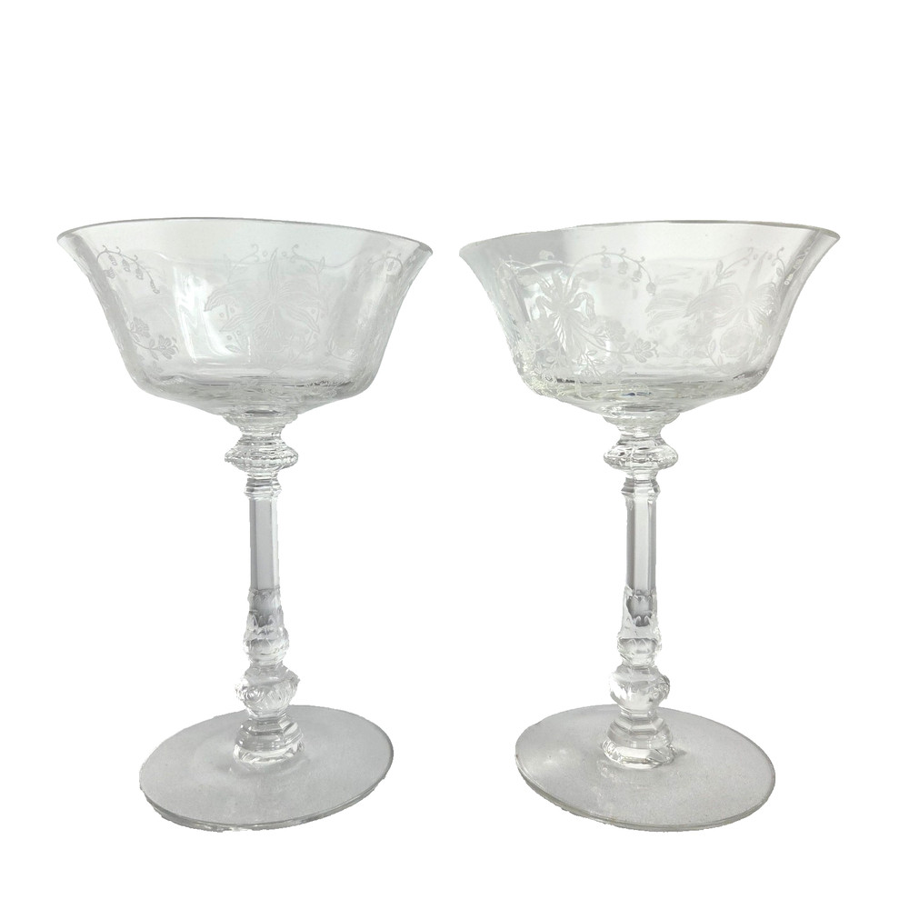 Set of 2 Heisey Orchid Etched Stemware Wine Glasses Champagne