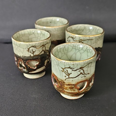 Vtg Japan Somayaki Soma Ware Double Wall Tea cup green crackle and gold set of 4