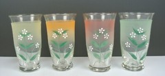 4 Emaneled Frosted and Clear Glass Tumblers Hand Painted Red,Green,Orange,Yellow